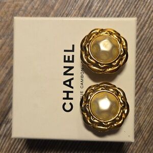 Chanel Vintage Clip On Gold Earrings With Box